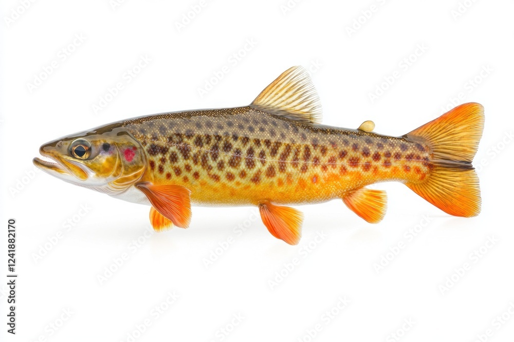 Fototapeta premium A fresh trout with striking orange and brown patterns is isolated on a white background, perfect for showcasing its natural beauty