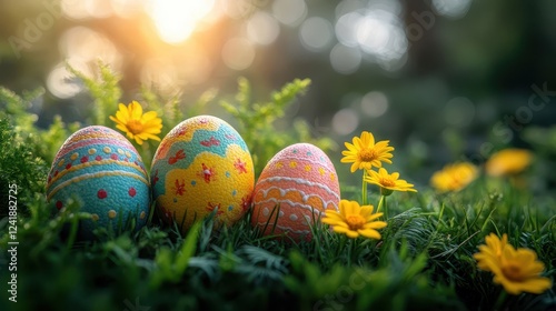 Colorful decorated Easter eggs on grass with yellow flowers
