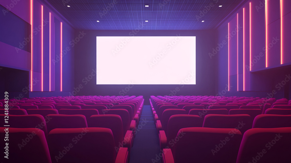 Fototapeta premium Empty Cinema Hall: Blank Screen and Rows of Red Seats
