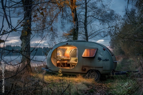 Wallpaper Mural Vintage camper glowing warmly in a serene forest setting Torontodigital.ca