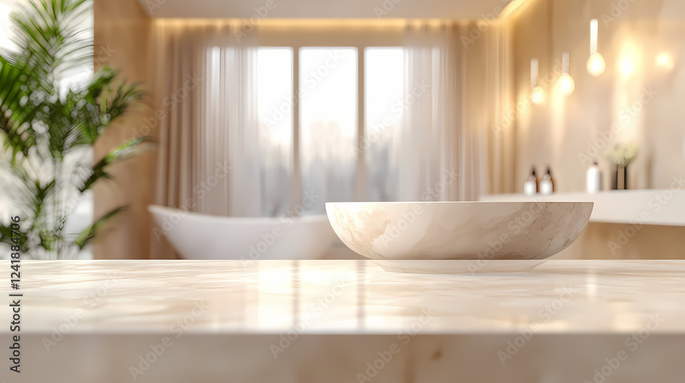 3d rendering of an empty marble top table with a blurred bathroom interior background for product display montage. Artistic Rendering Style. Illustration 3d rendering of an empty marble top table with a blurred bathroom interior background for product display montage. Artistic Rendering Style. Illustration