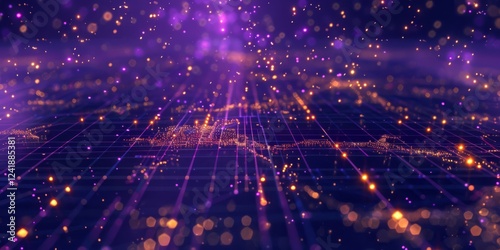 high-tech digital map with glowing purple and orange data points connected by a futuristic grid. Abstract visualization of global networking and technology
