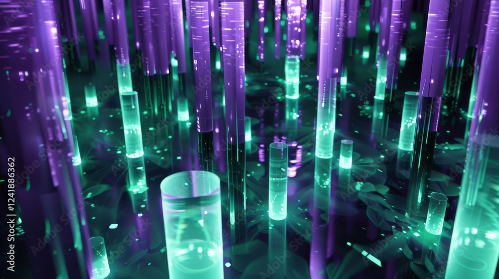 Abstract cyberpunk landscape featuring transparent vertical pillars illuminated in neon purple and green. A futuristic digital environment with glowing energy Abstract cyberpunk landscape featuring transparent vertical pillars illuminated in neon purple and green. A futuristic digital environment with glowing energy