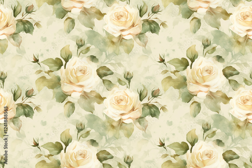 Fototapeta Seamless watercolor roses green and beige background pattern wallpaper