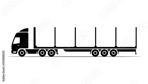 Timber truck with semitrailer icon. Black silhouette. Side view. Vector simple flat graphic illustration. Isolated object on white background. Isolate.