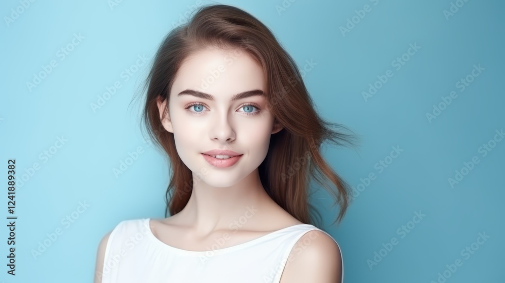 A beautiful young woman with flowing brown hair and bright blue eyes smiles warmly. She wears a white top against a soft blue background, exuding natural elegance A beautiful young woman with flowing brown hair and bright blue eyes smiles warmly. She wears a white top against a soft blue background, exuding natural elegance