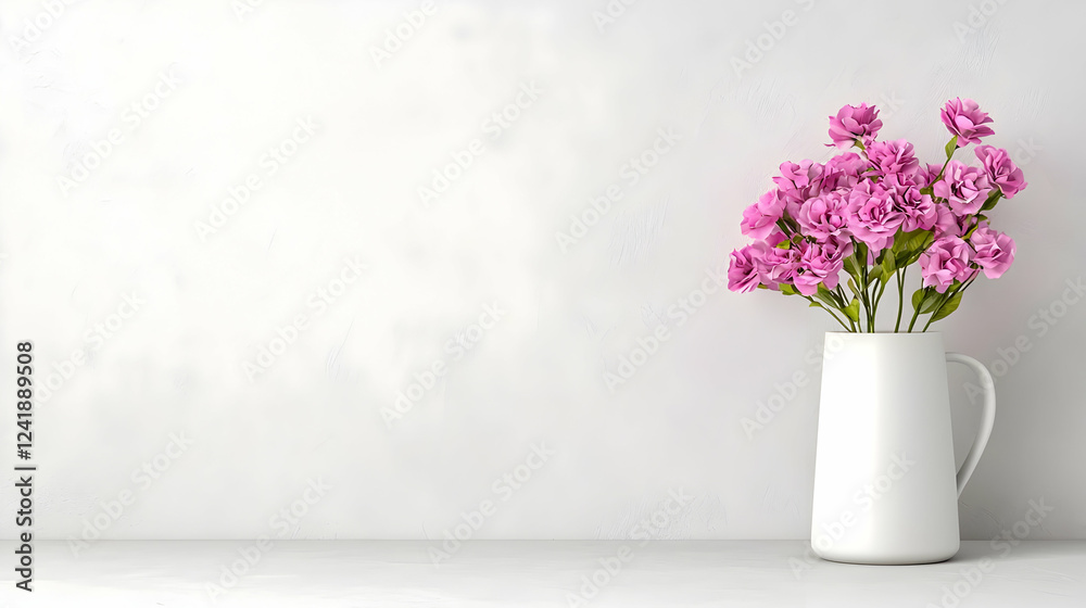 Pink carnations in white jug, minimalist interior, blank wall, spring mood, greeting card Pink carnations in white jug, minimalist interior, blank wall, spring mood, greeting card