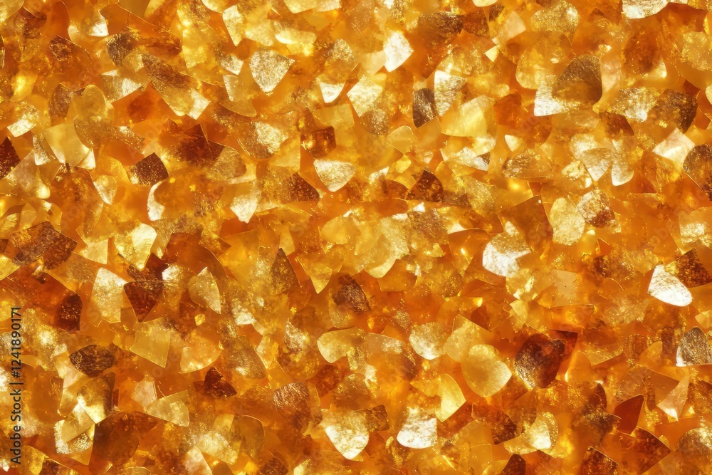 Glimmering golden crystals scattered on a surface reflecting light at a close range during daytime Glimmering golden crystals scattered on a surface reflecting light at a close range during daytime