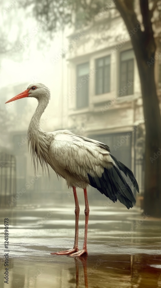 Fototapeta premium Stork standing elegantly in a misty urban setting during early morning