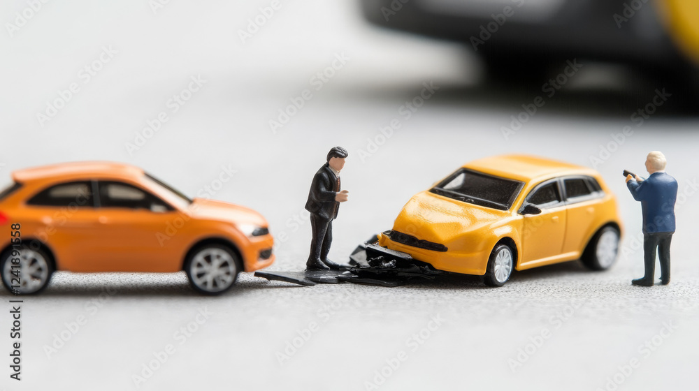 Miniature car accident scene with figures inspecting damage Miniature car accident scene with figures inspecting damage