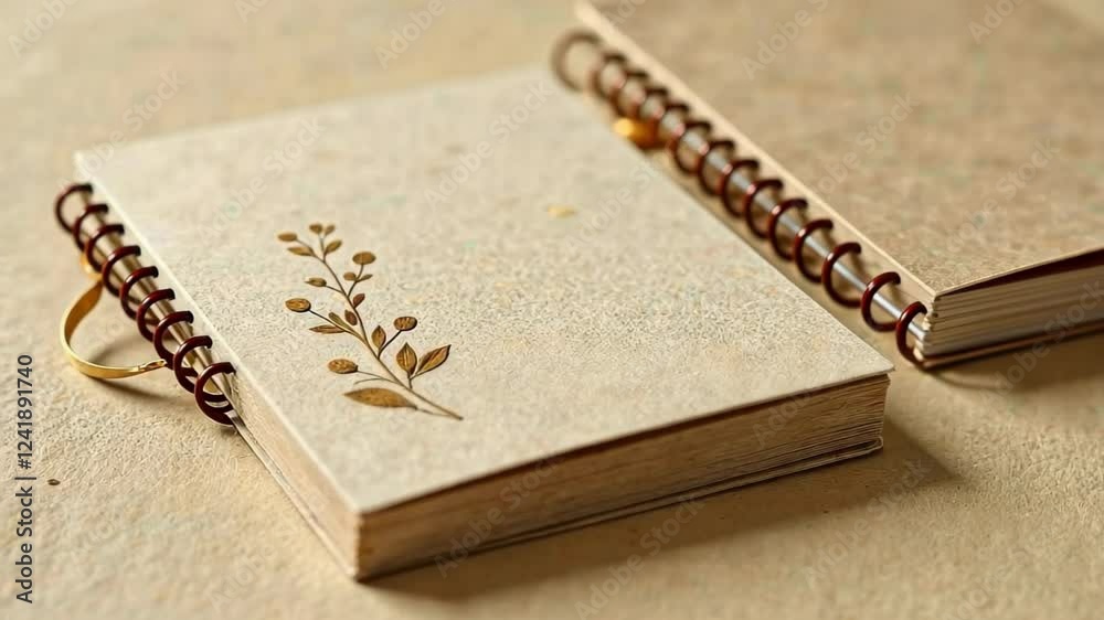 Two spiral bound notebooks with a leaf design on the front. The notebooks are brown and have gold accents