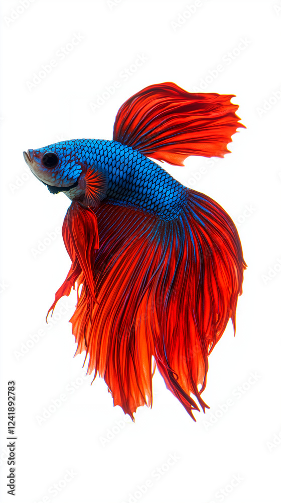Fototapeta premium a betta fish with intricate, shimmering scales, gracefully swimming against a pure white background. Its unforgettable black and blue red hue contrasts beautifully with the soft, pearlescent glow of i