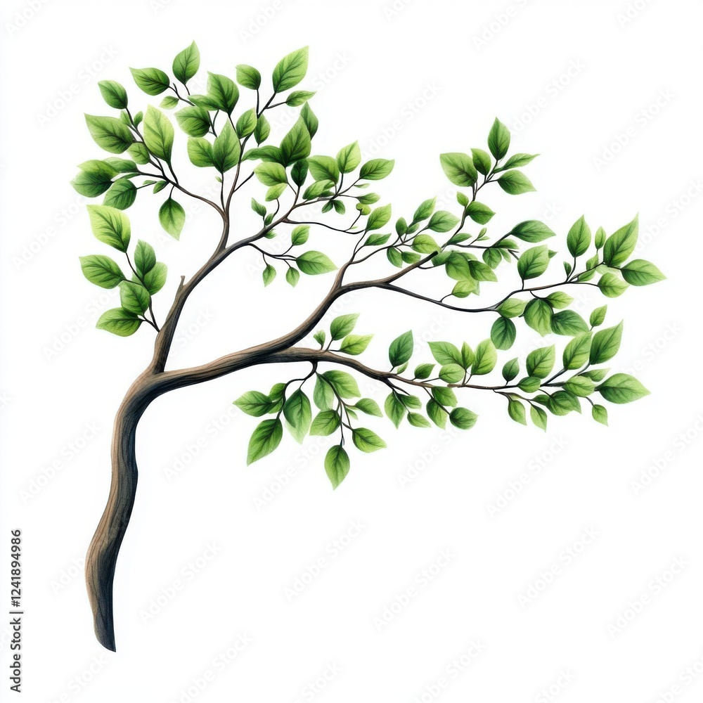 Fototapeta premium Elegant Branch with Fresh Green Leaves on White Background for Nature and Eco-Friendly Themes