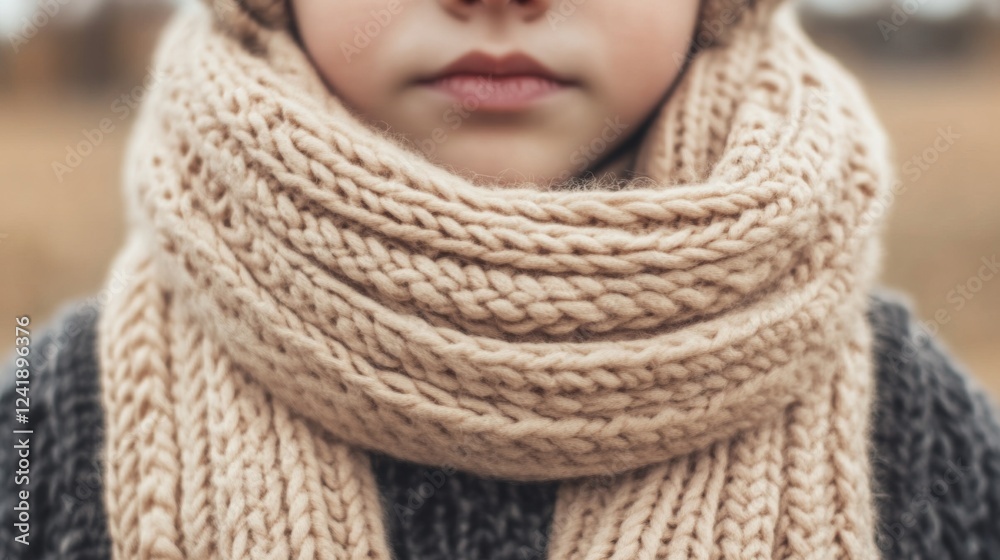 Child's face, warm scarf, autumn background, cozy winter Child's face, warm scarf, autumn background, cozy winter