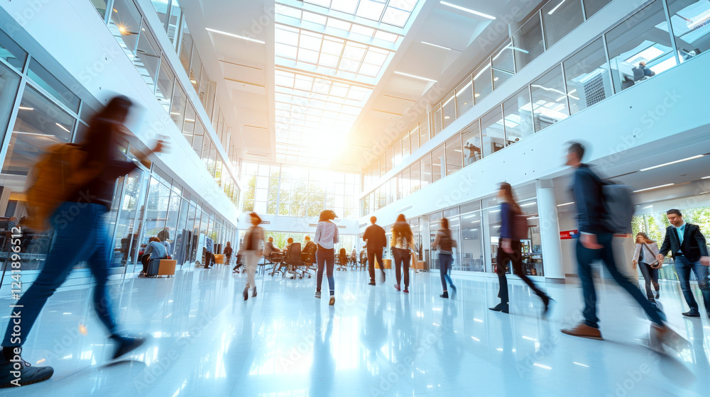People move through a sunlit modern atrium with glass walls and a high ceiling. Concept of busy workplace environment. For business office design.