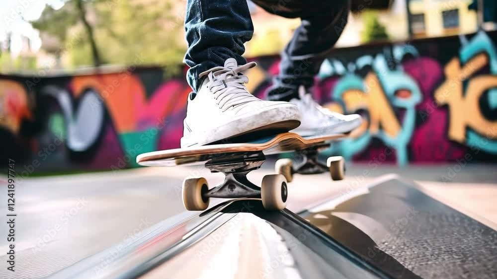 A skateboarder shows impressive skills while riding a skateboard across a ramp at an urban skate park surrounded by colorful graffiti