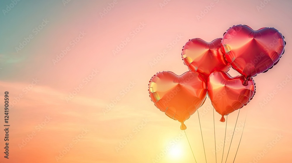 Fototapeta premium An artistic view of heart-shaped balloons floating against a gradient pastel sky with warm sunlight illuminating their shiny surfaces