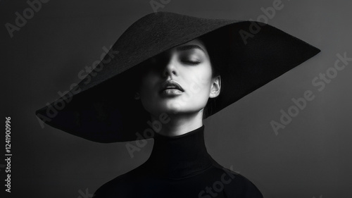 Black and white studio portrait with a nineties fashion vibe. A woman with eyes closed, pale skin, and wearing a unique oversized black hat. Turtleneck sweater.