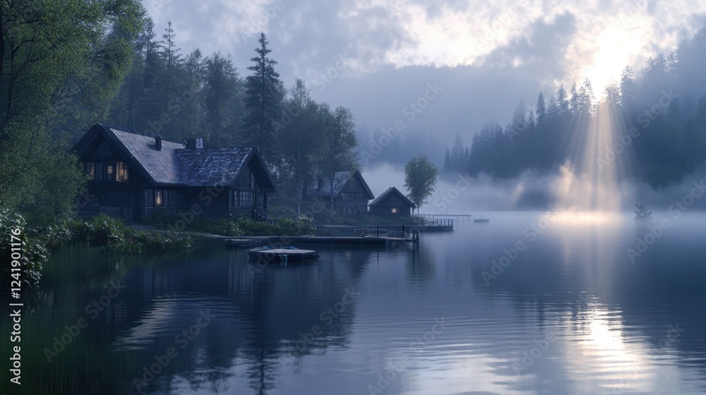 Fototapeta premium Lakefront cabin with wood exterior on a serene mountain lake, surrounded by coniferous trees 