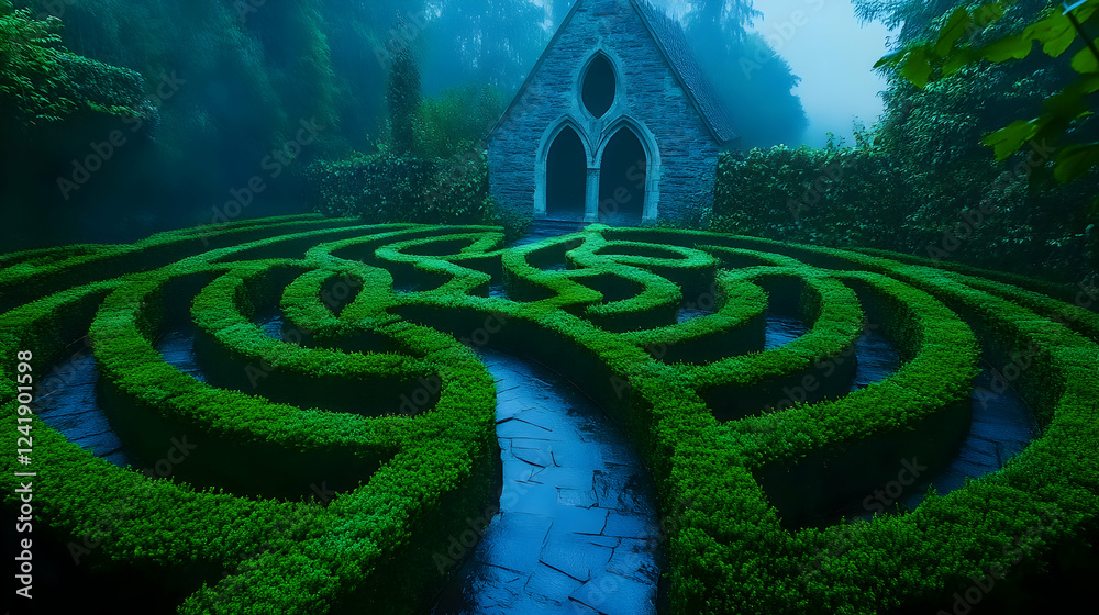 Lush hedges form a mesmerizing maze surrounding a serene chapel in a foggy morning garden Lush hedges form a mesmerizing maze surrounding a serene chapel in a foggy morning garden