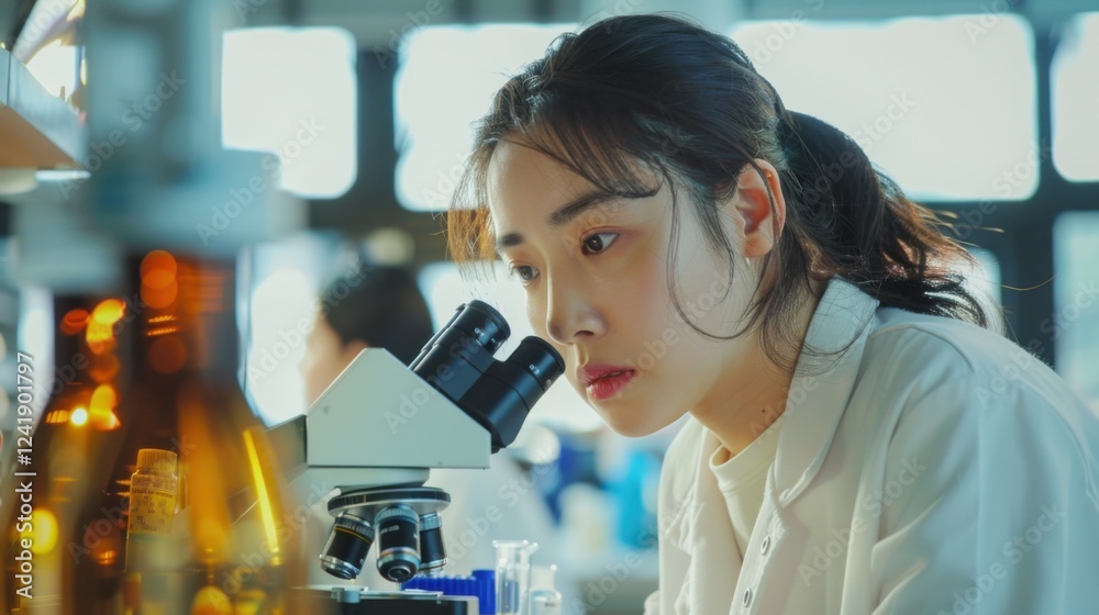 Focused Asian female scientist in a bright, modern laboratory, examining petri dish samples under a microscope. Background team working on drug development and biotechnology research Focused Asian female scientist in a bright, modern laboratory, examining petri dish samples under a microscope. Background team working on drug development and biotechnology research