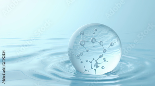 Transparent bubble with a liquid containing molecules is suitable for creating skin care concepts.