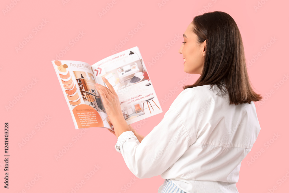 Young woman reading magazine on pink background, back view Young woman reading magazine on pink background, back view