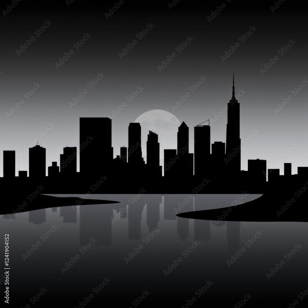 Fototapeta premium A silhouette against a vibrant sunset behind a city skyline silhouetted skyline cityscape architecture illustration building city vector