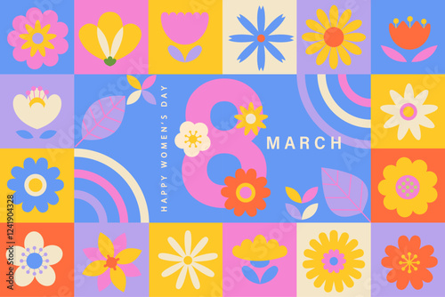 Greeting card for March 8 international women's day. Geometric banner with different flowers and place for text.Trendy template for your design, holiday poster, flyer, web, social media,web.Vector