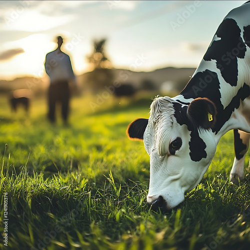 A vibrant photo of a dairy cow grazing on a lush green pasture with a farmer in the background Bright inviting style DSLR camera 50mm lens light editing photo