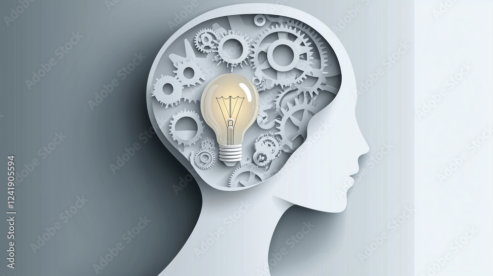 A paper head profile with gears inside, a light bulb - a symbol of ideas and innovations, a vector illustration on a gray background. A paper head profile with gears inside, a light bulb - a symbol of ideas and innovations, a vector illustration on a gray background.