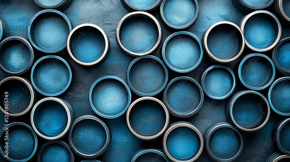 Aerial view of circular metal containers arranged on a textured blue surface, showcasing their industrial design Aerial view of circular metal containers arranged on a textured blue surface, showcasing their industrial design