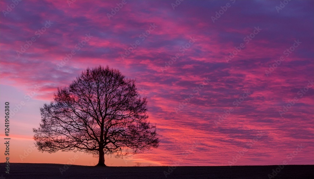 Obraz premium 거대한 노을빛 하늘 아래, 구불구불한 나무 한 그루가 서 있는 실루엣