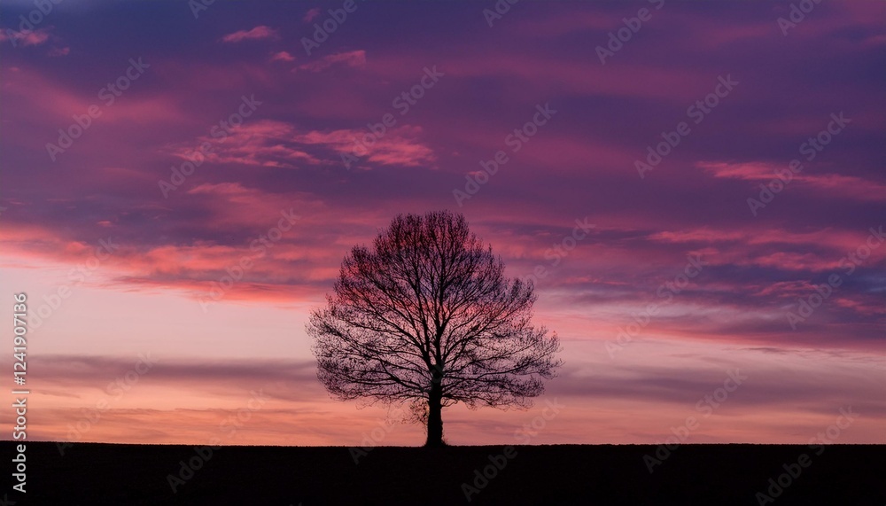 Fototapeta premium 거대한 노을빛 하늘 아래, 구불구불한 나무 한 그루가 서 있는 실루엣