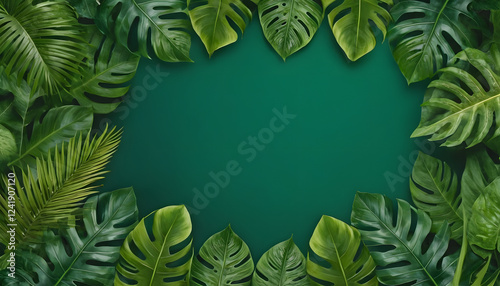 Green leaf frame with natural foliage and decorative design on green background. 
