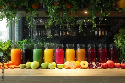 Colorful fruit juices in bottles, cafe setting