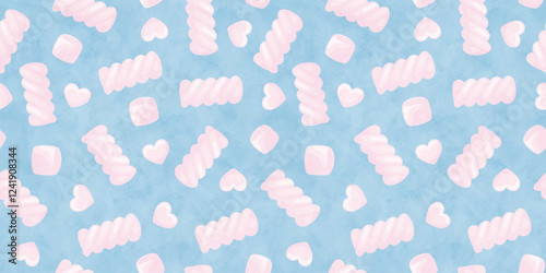 Pastel seamless pattern with marshmallow sweets and watercolor texture. Cute pink twisted candies and gummies in heart shape. Valentines day background with marshmallow, vector illustration