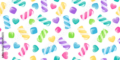 Seamless pattern with marshmallow, candies and sweets. Cute twisted candies, color marshmallow swirls and hearts for Valentines day or birthday decoration, vector illustration