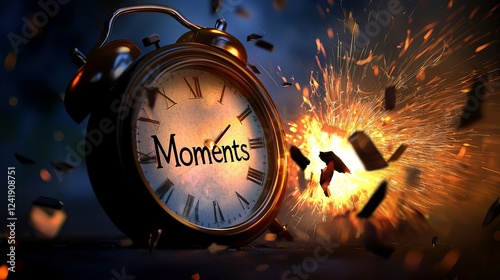 An artistic representation of a clock explosion, emphasizing the fleeting nature of moments. photo