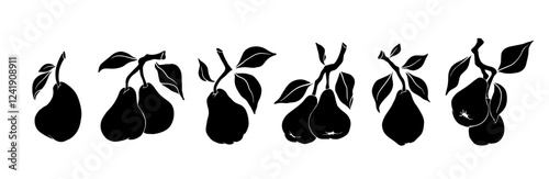 Set of silhouettes, stamps of seasonal pear fruits. Vector graphics.