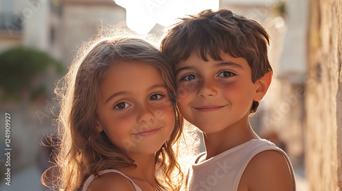 Closeup of two happy children playing outdoors. one girl and one boy looking at the camera and smiling. male and female preschoolers leisure time on a sunny summer day, brother and sister together. photo