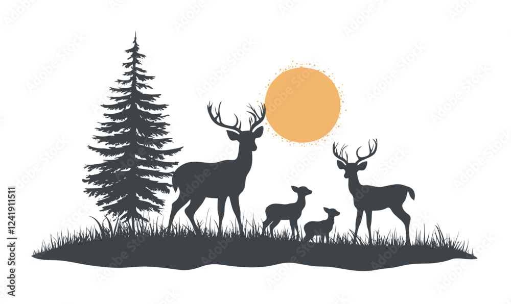 Fototapeta premium Deer Family Silhouette with Forest and Sunrise for Wildlife Adventure Logo Design