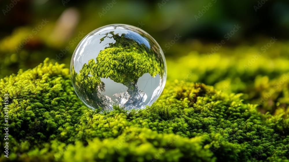 Crystal Sphere Reflecting Earth Surrounded by Green Moss Texture Crystal Sphere Reflecting Earth Surrounded by Green Moss Texture