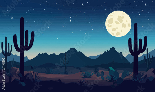 Moonlit Desert with Cacti Silhouettes Under Starry Night Sky Vector Illustration