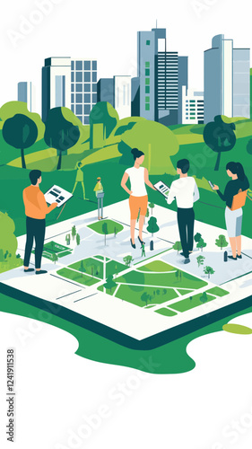 Urban Planners Designing Sustainable Green Spaces with Models and Maps, Minimalist Vector Illustration