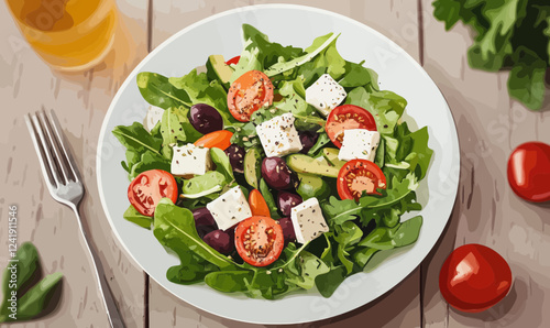 Flat Minimalist Greek Salad Vector with Feta, Olives, Tomatoes, and Greens