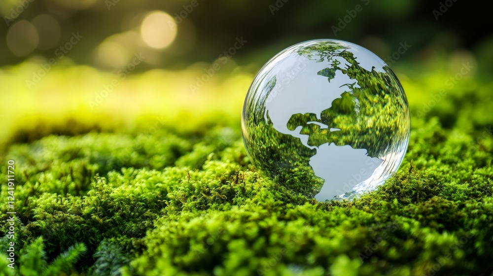 Transparent Globe Reflecting Nature on Vibrant Green Moss Surface Transparent Globe Reflecting Nature on Vibrant Green Moss Surface