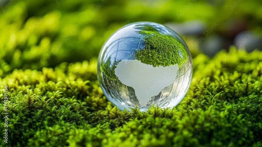 Clear Globe Reflecting Nature on Vibrant Green Moss Background Clear Globe Reflecting Nature on Vibrant Green Moss Background