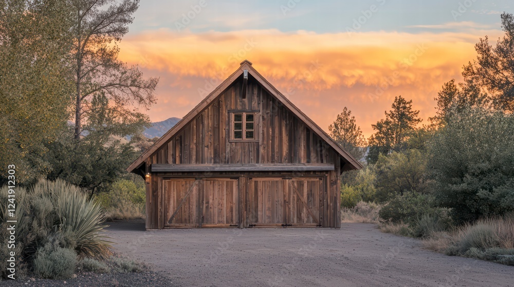 Rustic Barn at Sunset: A weathered wooden barn stands majestically against a vibrant sunset sky, with the warm light casting a golden glow upon the rustic structure. Rustic Barn at Sunset: A weathered wooden barn stands majestically against a vibrant sunset sky, with the warm light casting a golden glow upon the rustic structure.