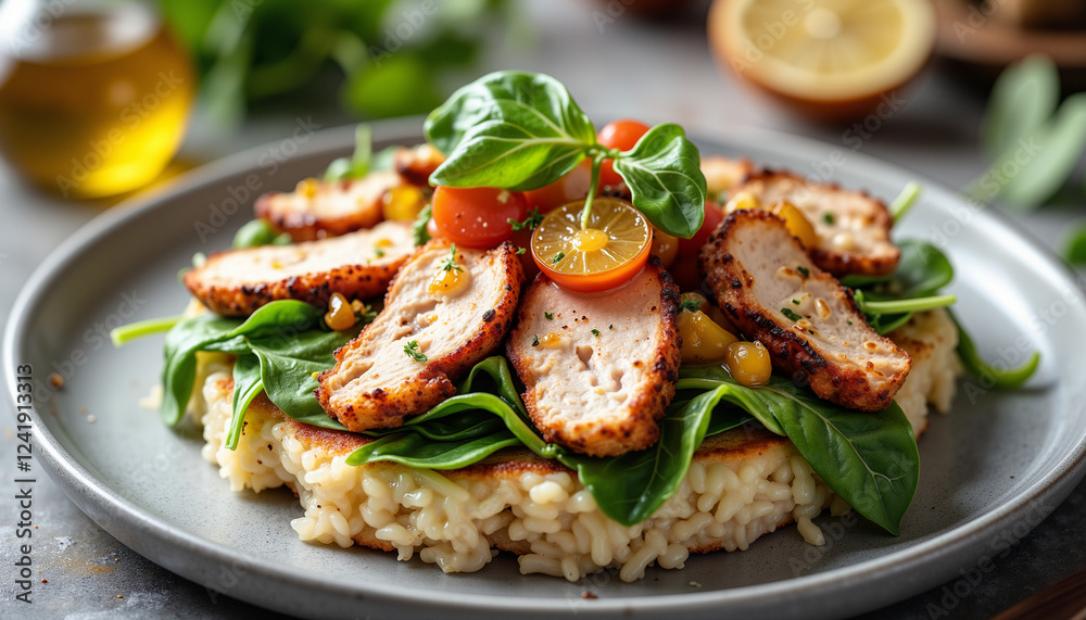 Grilled chicken with greens and citrus on a plate Grilled chicken with greens and citrus on a plate